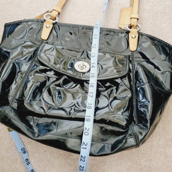 COACH Leah Signature Y2K Black Embossed Patent & Tan Leather Tote Bag - Picture 7 of 8